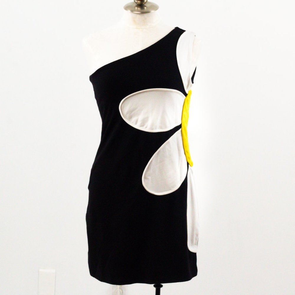 Vintage 90s L Thick One Shoulder Daisy Dress Black - Picture 8 of 10